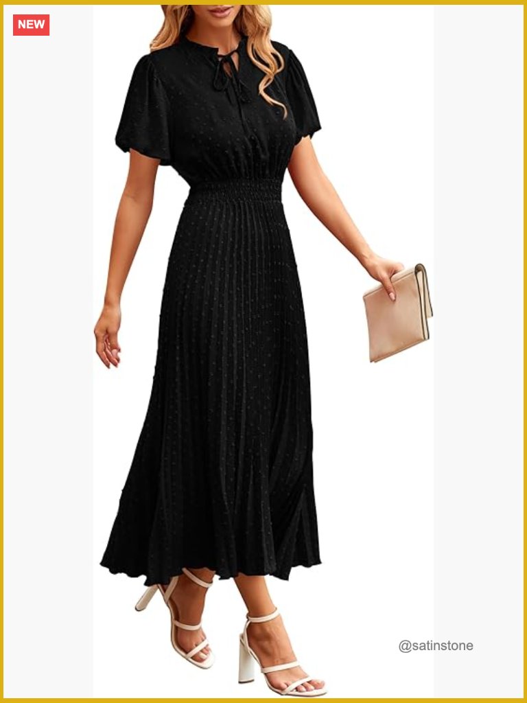 Swiss Dot A-Line Midi Dress With Puff Short Sleeves And V-Neck